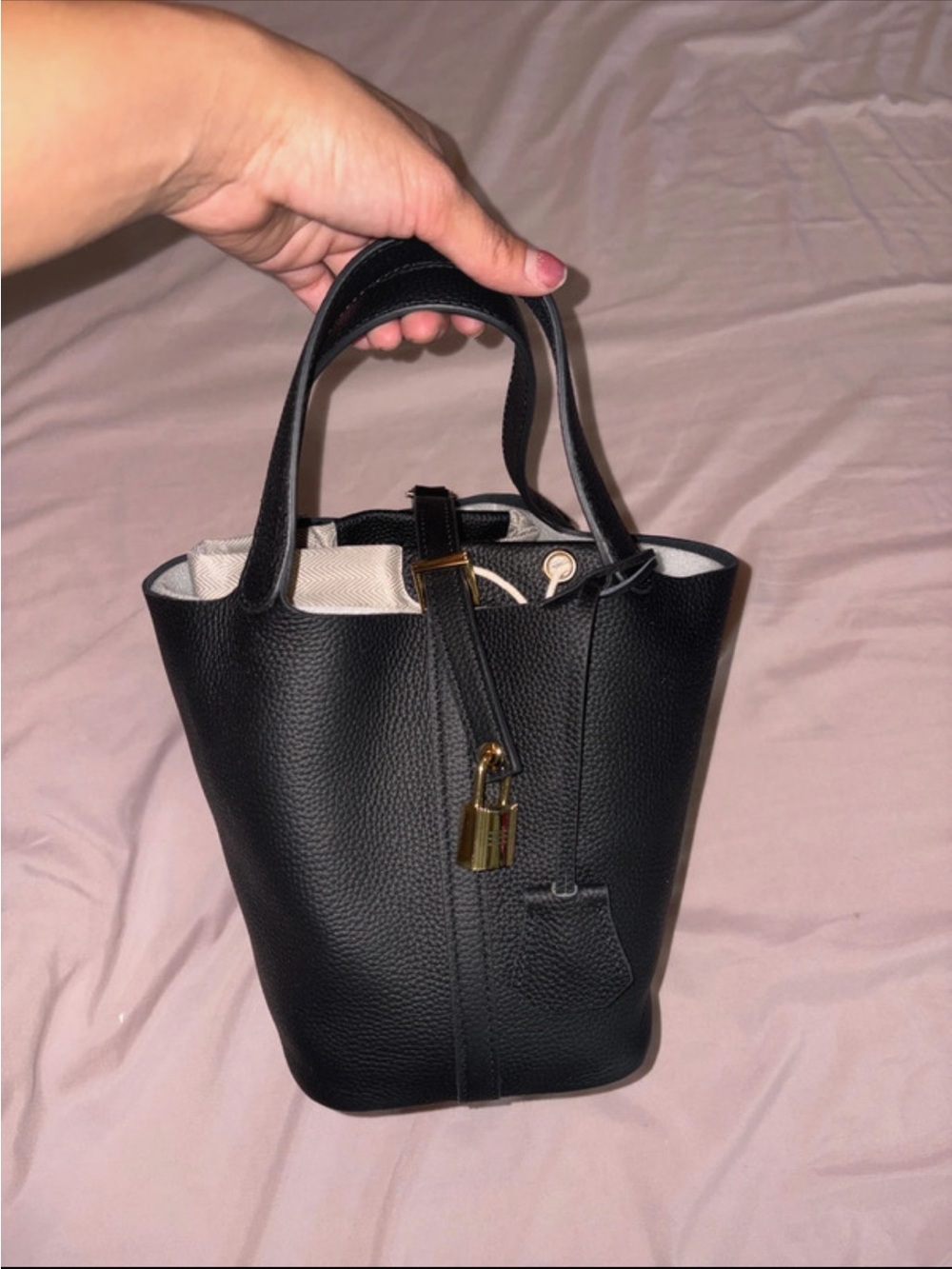Classic Black Pebbled Leather Tote Bag with Gold Accent